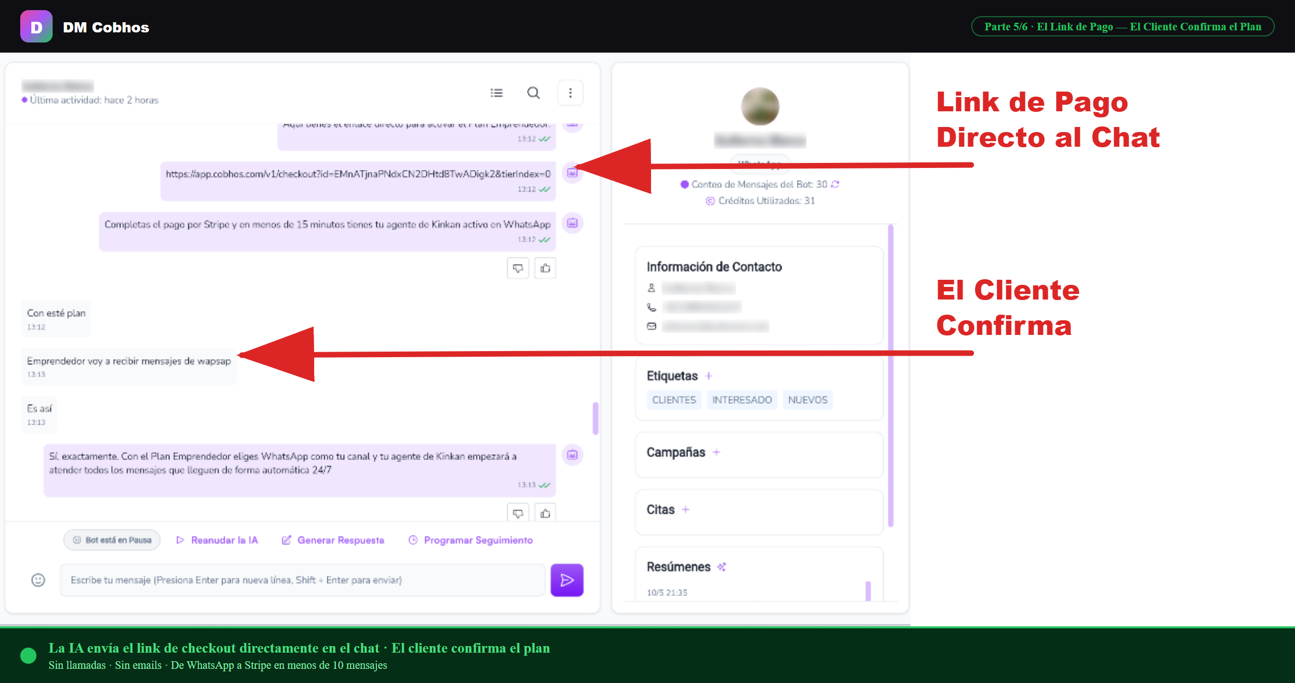 La IA envía el link de pago directo al chat