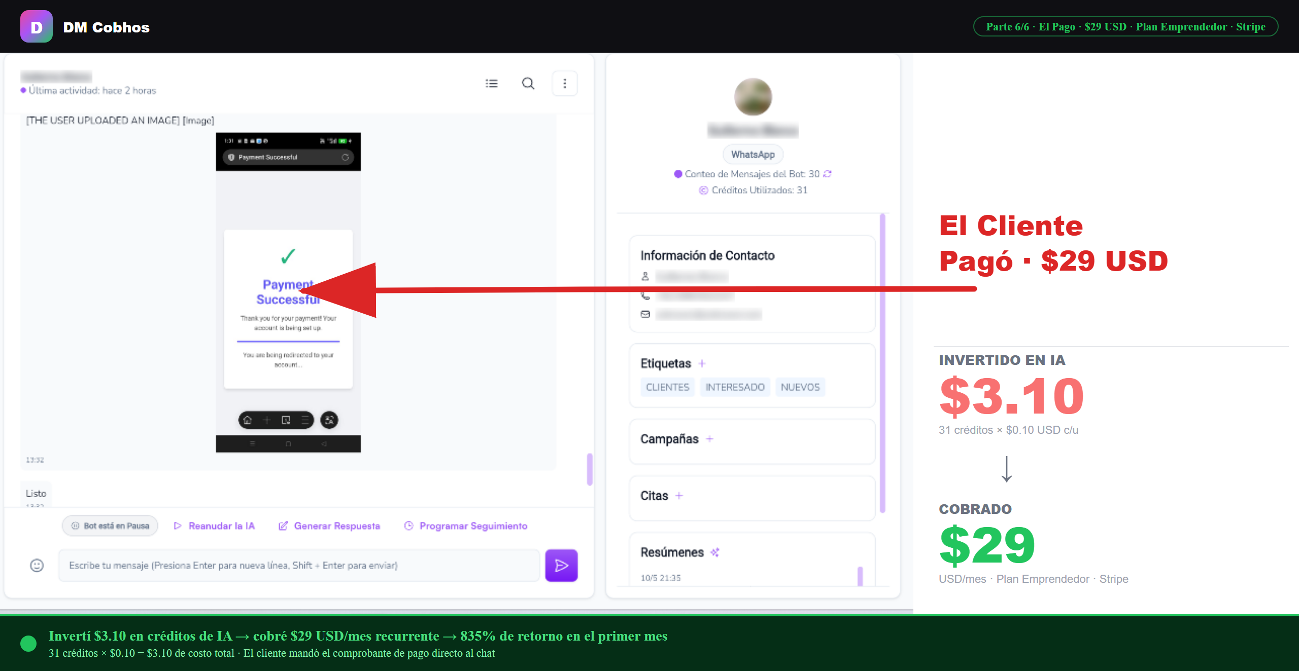 El cliente paga $29 USD - comprobante de pago